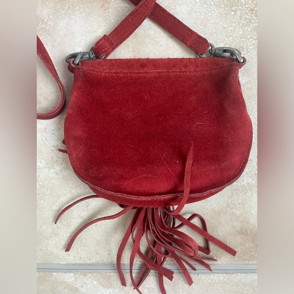 Urban Outfitters Ecote Leanne Maroon EmbossedSuede Saddle Bag, Fringe Bottom - Picture 5 of 7